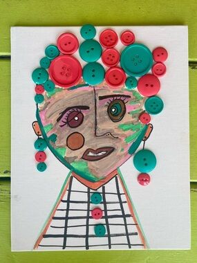 Handmade Orange & Teal Button Mixed-Media Portrait Canvas Board